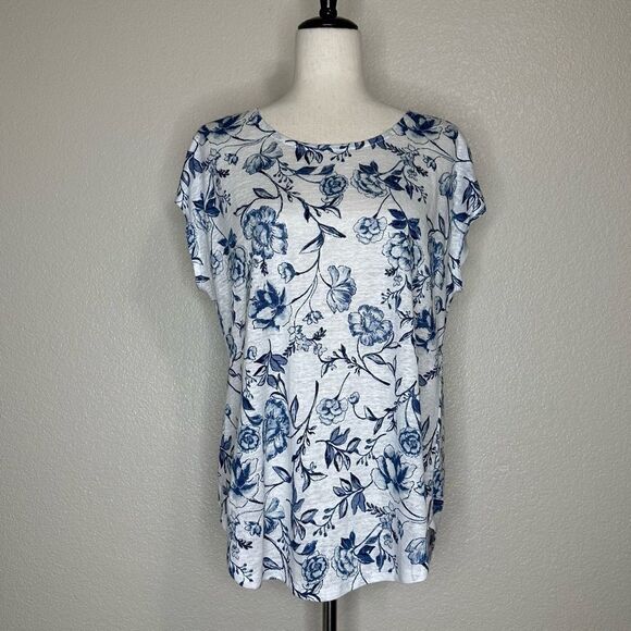 Cynthia Rowley 100% Linen Blue White Floral Cap Sleeves Top - Picture 1 of 11